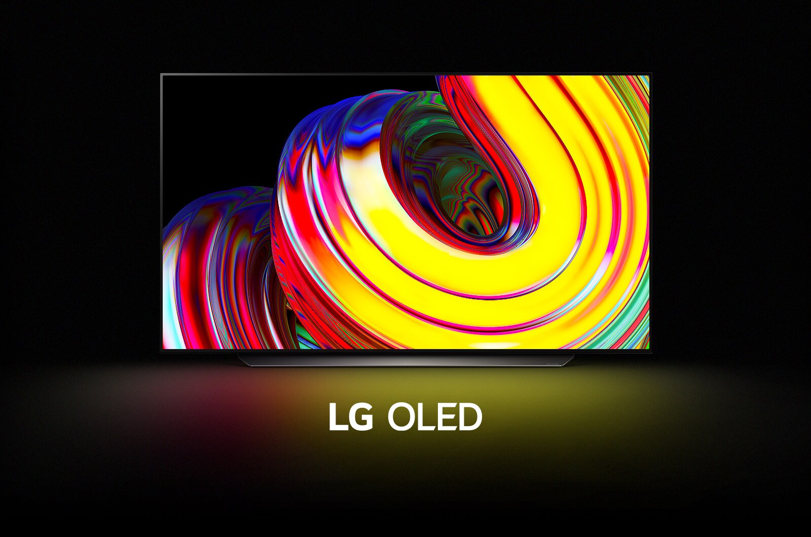 Un motif abstrait représentant des vagues jaunes remplit l’écran, puis le zoom se fait progressivement pour révéler le LG OLED CS. L’écran devient noir, puis affiche à nouveau le motif de vagues avec les mots « LG OLED » en dessous.